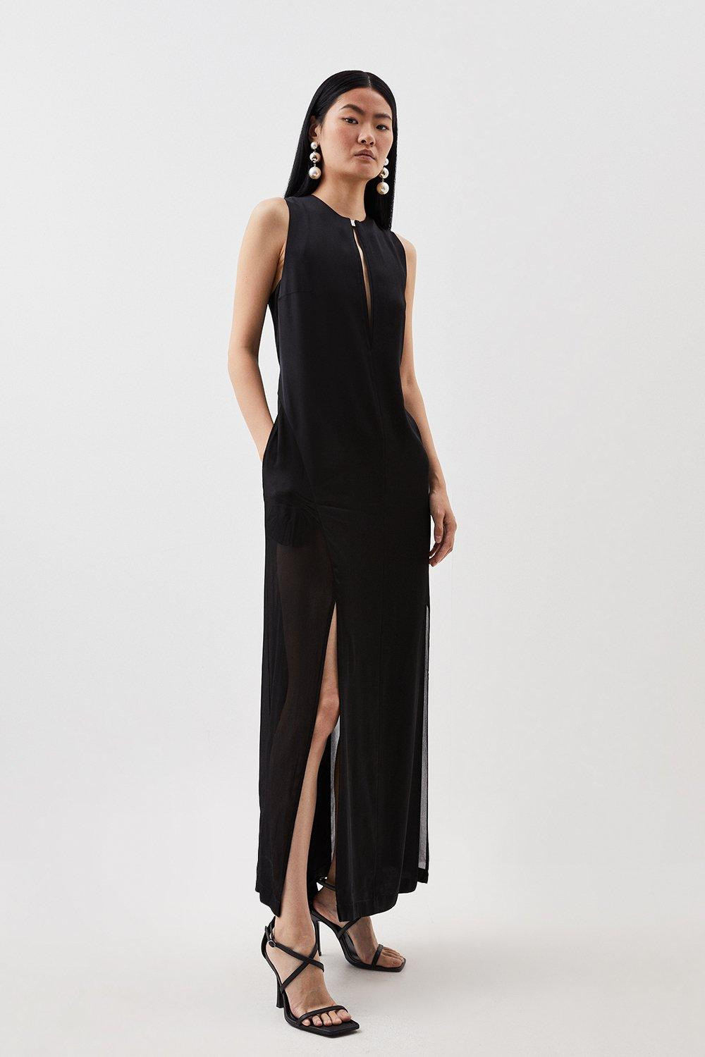 Premium Sheer Detailed satin Column Maxi Dress | Karen Millen US