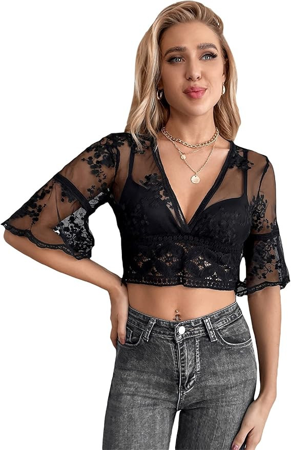 SOLY HUX Women's Deep V Neck Half Sleeve Embroidery Lace Sheer Mesh Crop Top Blouse | Amazon (US)