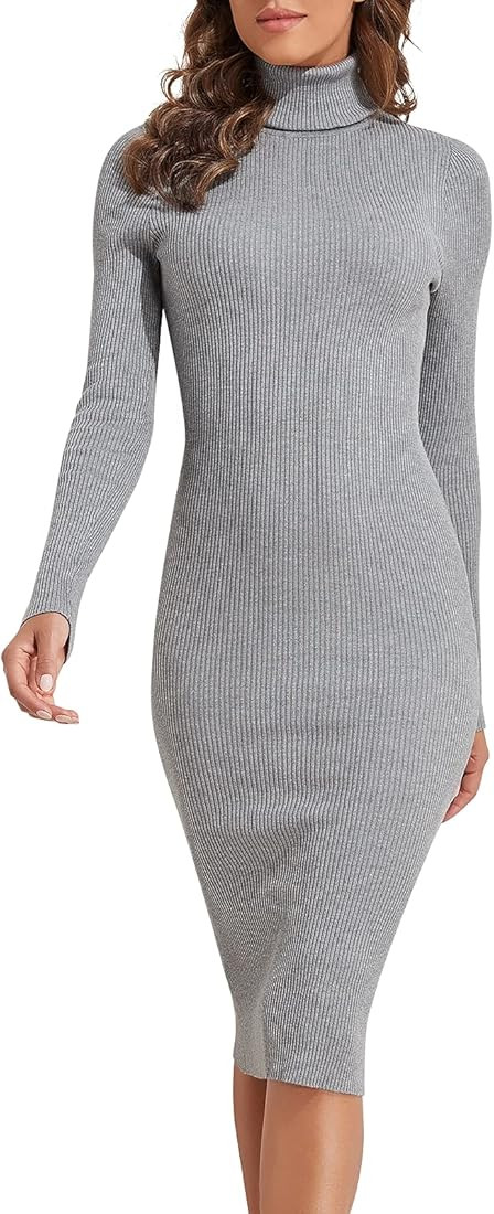 PrettyGuide Women's Turtleneck Sweater Dress Long Sleeve Ribbed Knit Stretch Midi Bodycon Dresses | Amazon (US)