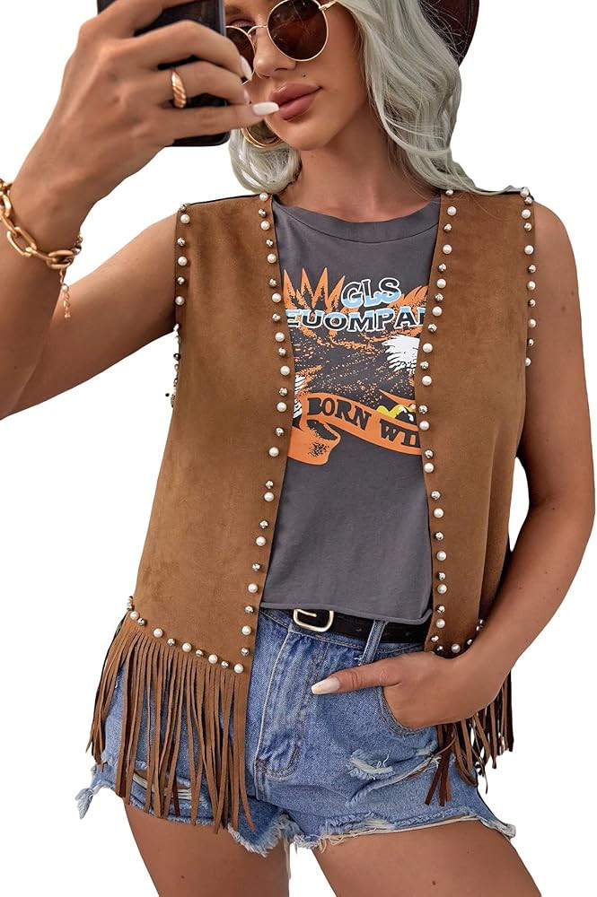 GORGLITTER Women's Fringe Vest 70s Open Front Hippie Beaded Faux Suede Sleeveless Tassel Jacket B... | Amazon (US)