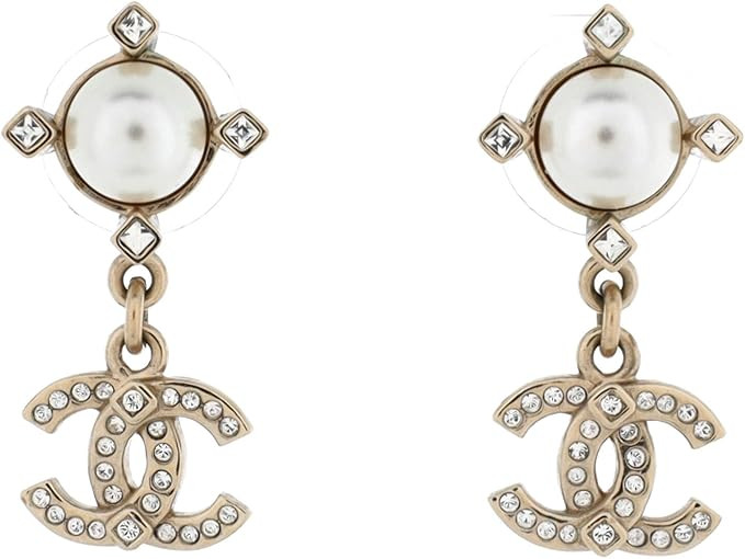 Amazon.com: Chanel, Pre-Loved Geometric CC Drop Earrings Metal with Crystals and Faux Pearls, Gol... | Amazon (US)
