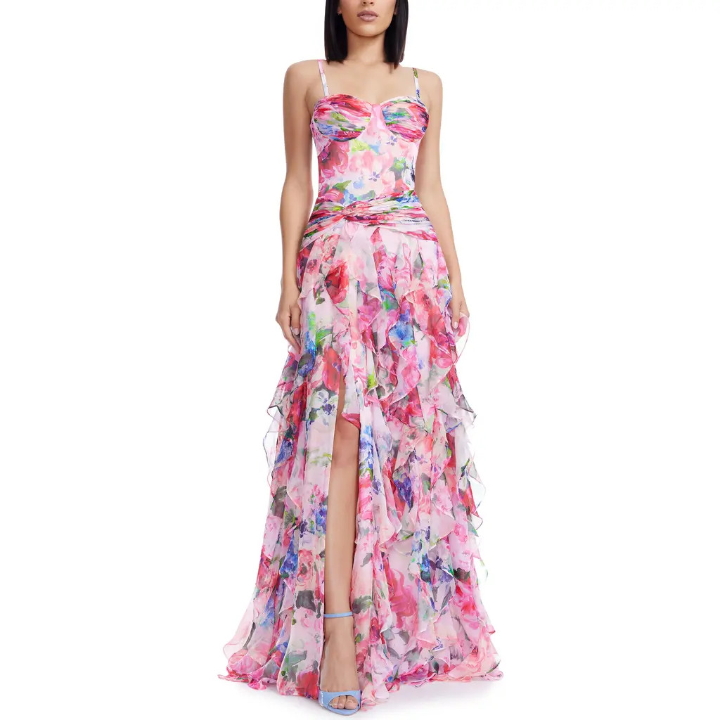 Dress the Population Lux Ruffle Evening Gown in Pink Rose Multi at Nordstrom Rack, Size Small | Nordstrom Rack