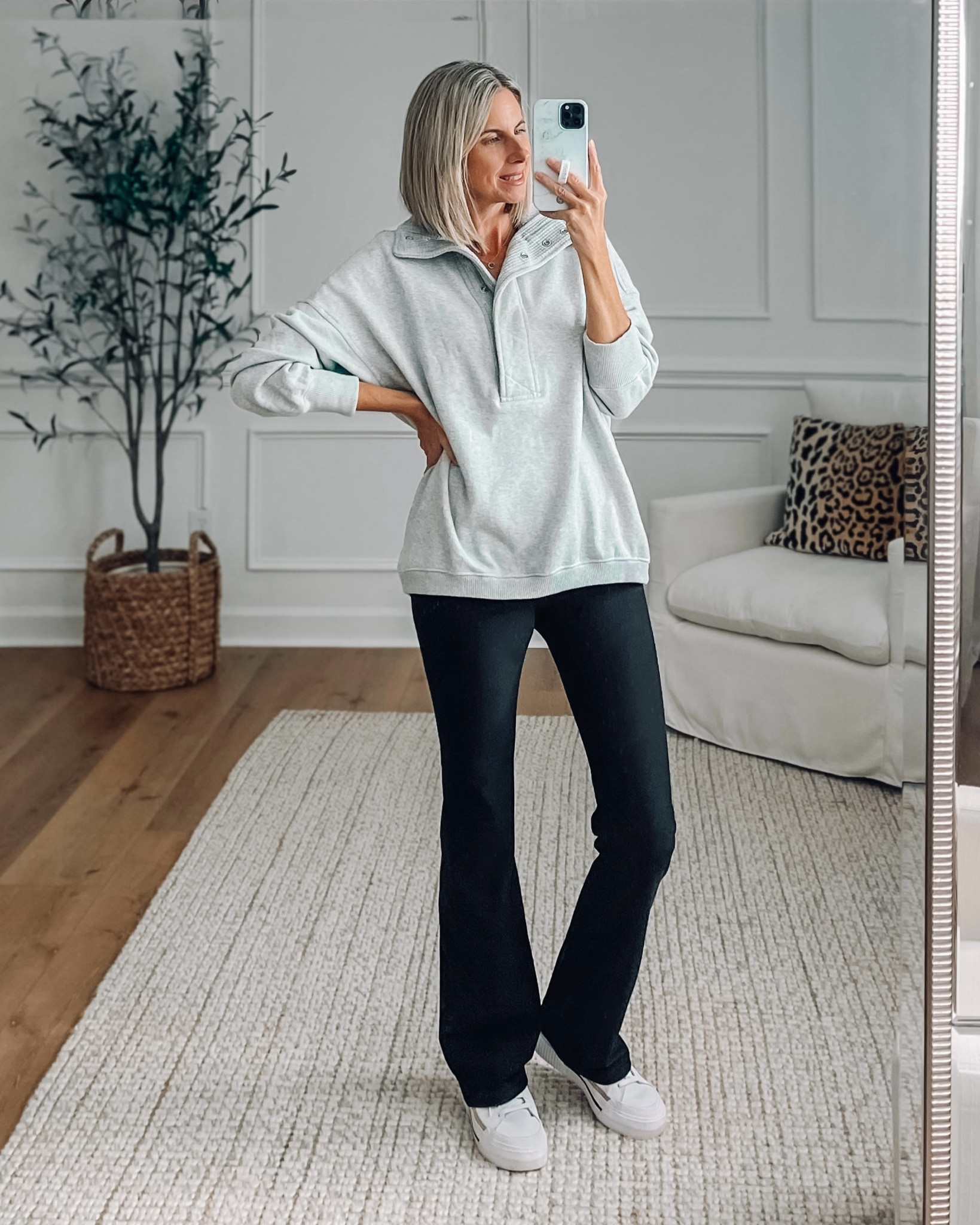 This oversized sweatshirt is warm and cozy! It has a fleece lining and functional snaps. I love the big collar and oversized fit. Long enough for leggings. Runs big. Wearing an XS. Flare leggings in a small. 
Nike court legacy lift sneakers fit true to size. 





Aerie outfits 
Casual outfit ideas 
Fall outfits 


#LTKActive #LTKFindsUnder50 #LTKStyleTip