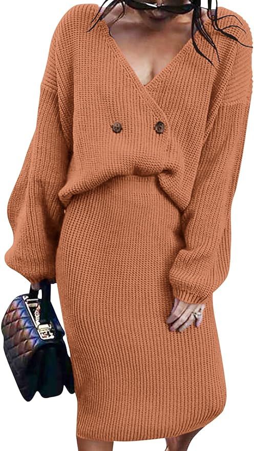 Womens Loose Fit Two Piece Solid Color Ribbed Knit Long Sleeve Tops and Bodycon Midi Skirt Sweate... | Amazon (US)