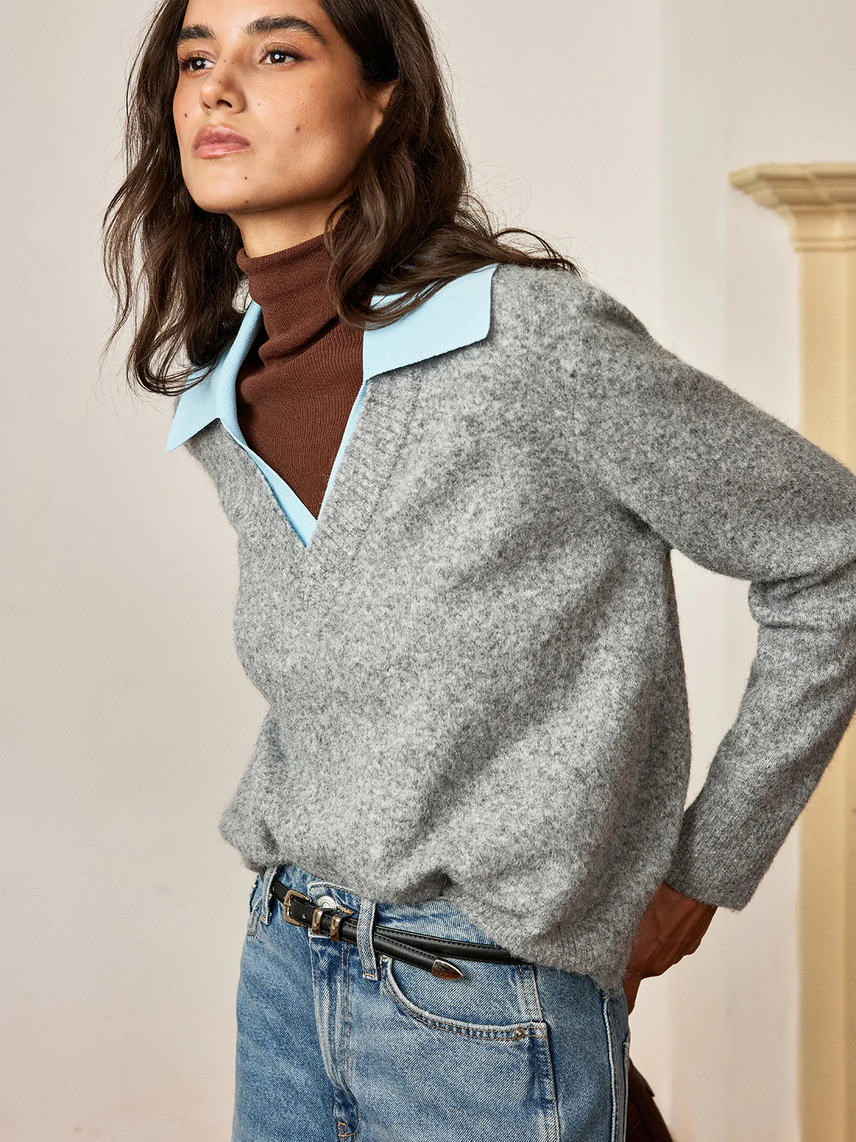 Contrast Collar Wool Blend Sweater | Commense