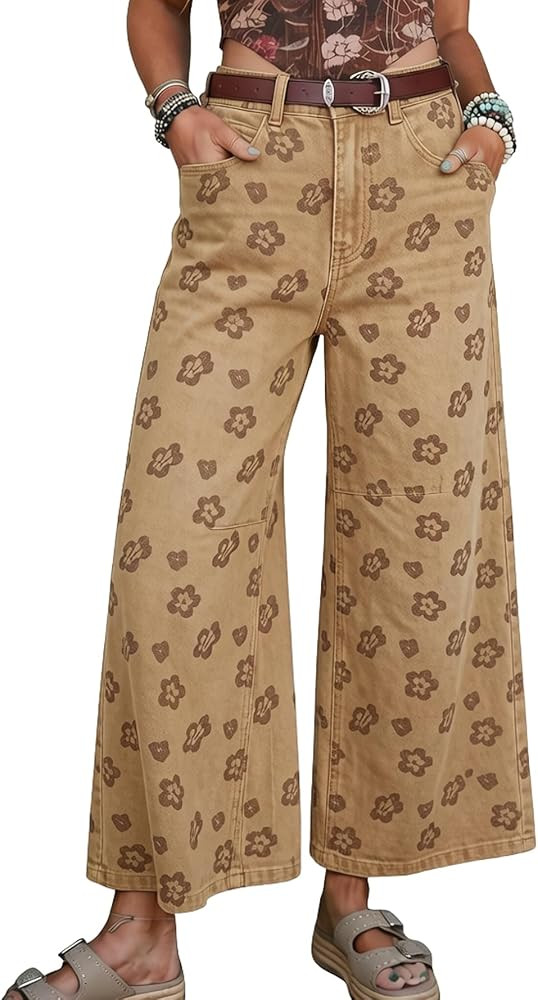 chouyatou Women's Baggy Wide Leg Floral Jeans Y2K Boyfriend Denim Ankle Boho Pants Palazzo Croppe... | Amazon (US)