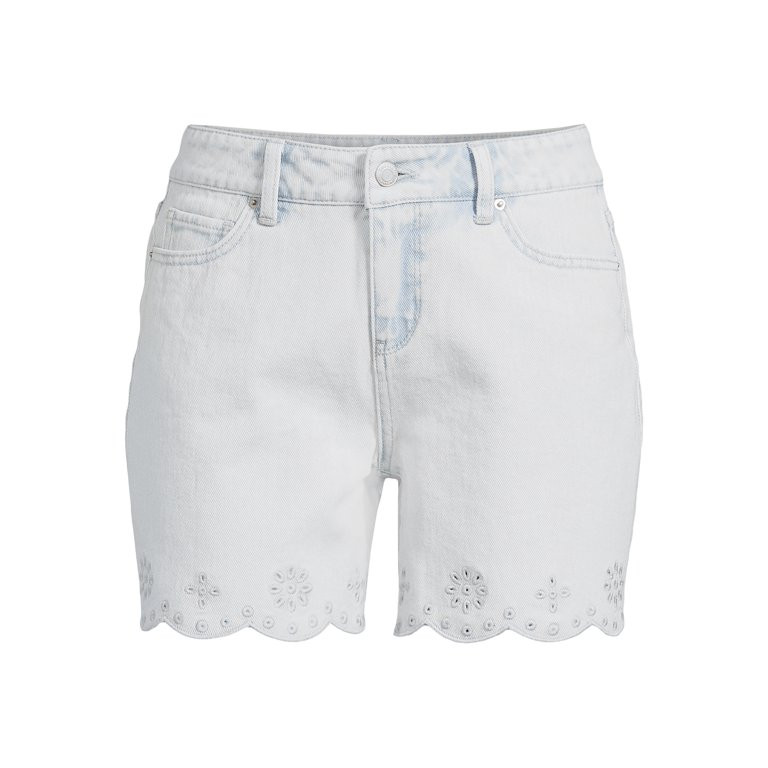 Time and Tru Women's Mid Rise Scallop Eyelet Hem Denim Shorts, 5” Inseam, Sizes 2-20 | Walmart (US)