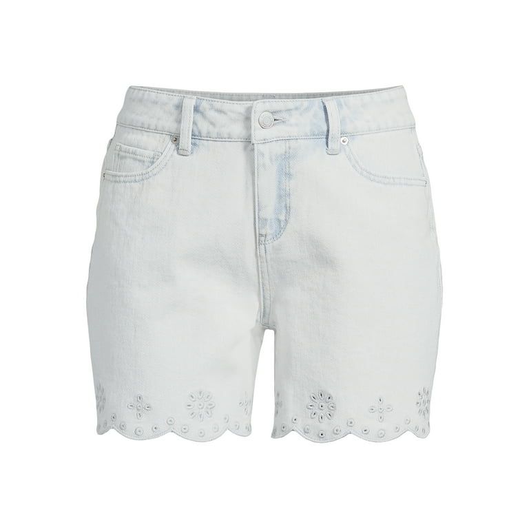 Time and Tru Women's Mid Rise Scallop Eyelet Hem Denim Shorts, 5” Inseam, Sizes 2-20 | Walmart (US)