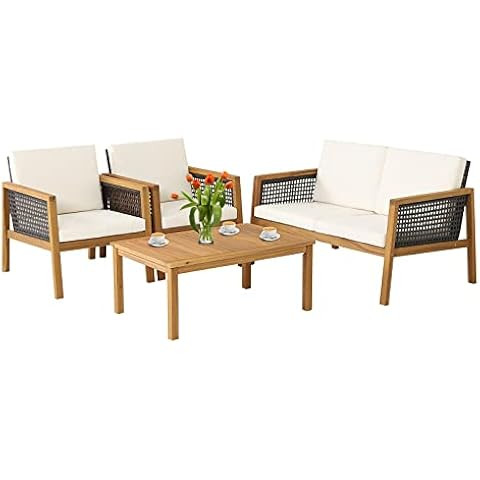 Tangkula Outdoor Wood Furniture Set, Acacia Wood Loveseat Sofa, 2 Single Chairs and Coffee Table,... | Amazon (US)
