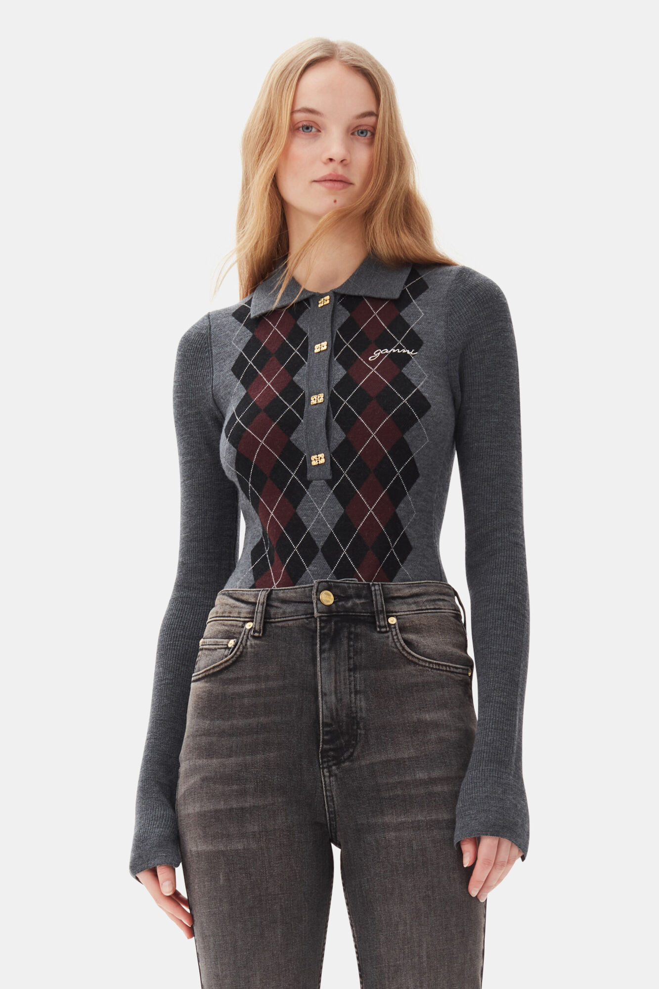 Grey Knitted Polo Shirt | Ganni