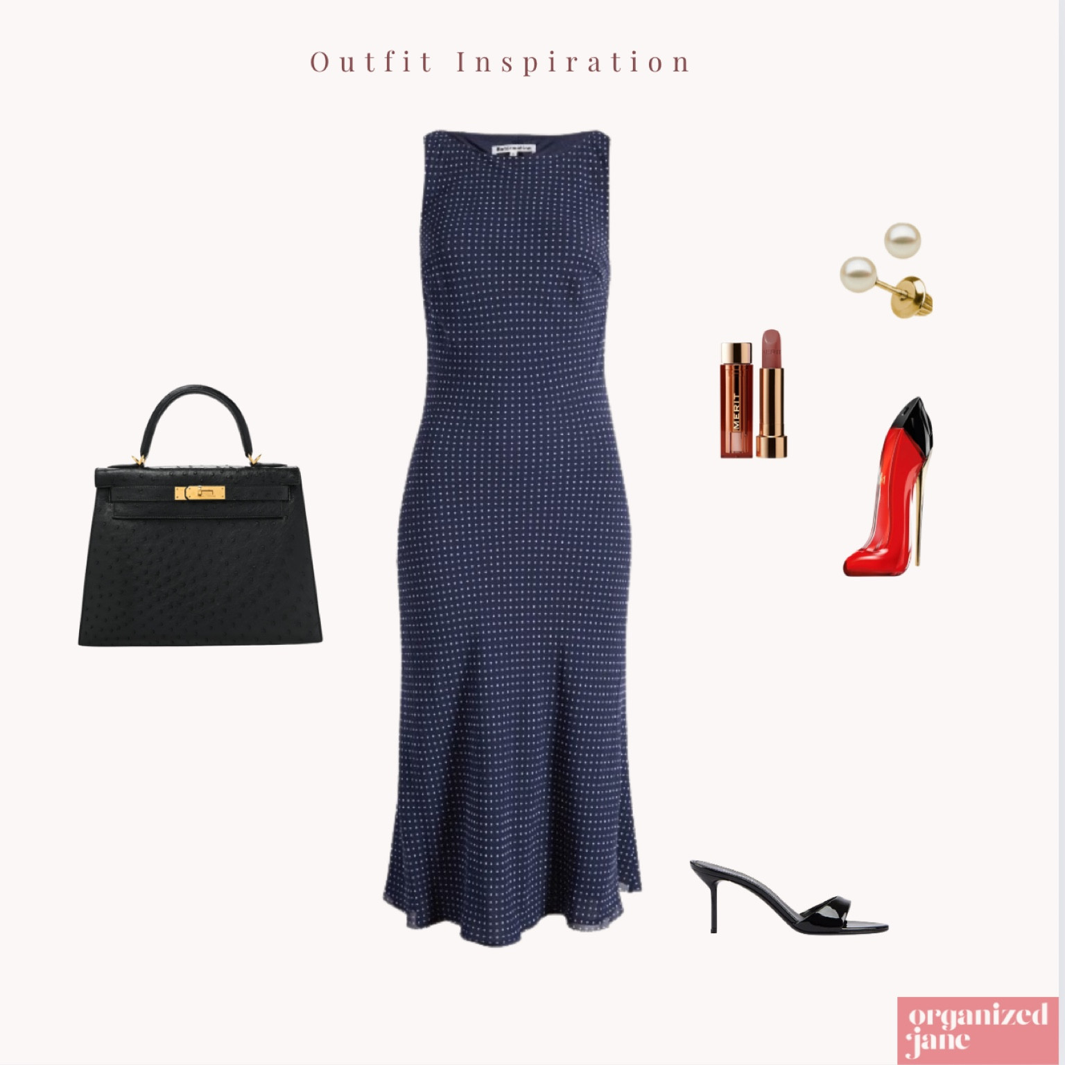 Ready to elevate your style? This classic navy polka dot dress paired with chic red heels and a timeless black handbag is the perfect outfit inspiration for your next event. 💃 Add a touch of elegance with pearl earrings and a swipe of nude lipstick to complete the look. Shop these essentials to stay effortlessly polished and organized! 👜👠 #OutfitInspo #ClassicStyle #PolishedLook #LTKStyletip #OrganizedJane