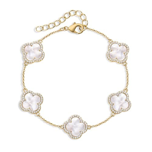 Electric Picks Icon Bracelet for Women, White Mother of Pearl Clover on 14k Gold Plated Chain Bracelet, Adjustable 6"–7.5", Stackable Everyday Jewelry, Minimalist White Bracelet Gift | Amazon (US)