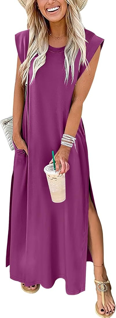 ANRABESS Womens Maxi Dresses 2025 Summer Casual Sleeveless Sundress Crew Neck Loose Split Beach L... | Amazon (US)