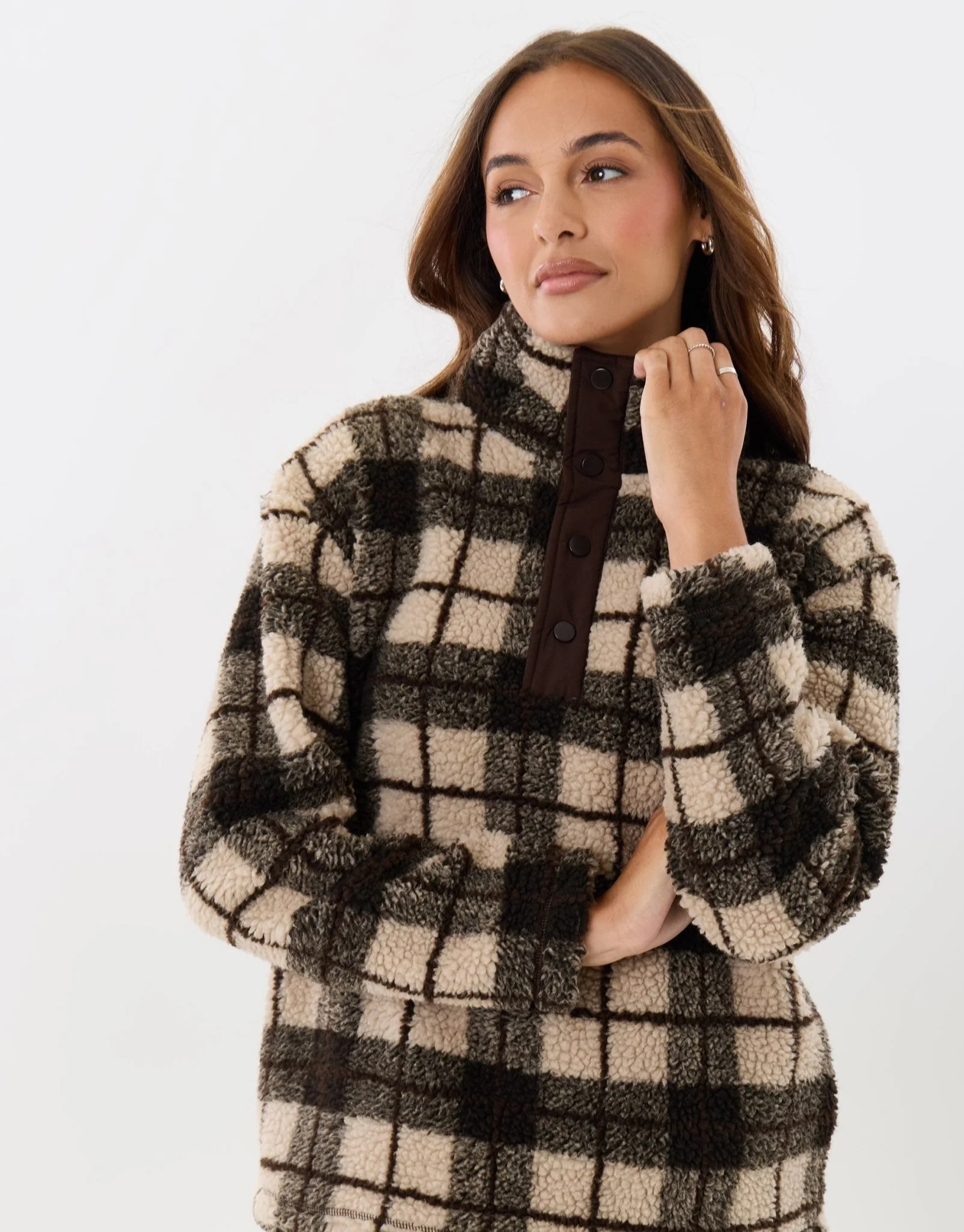 Borg Funnel Neck Fleece in Ecru Check | Threadbare UK