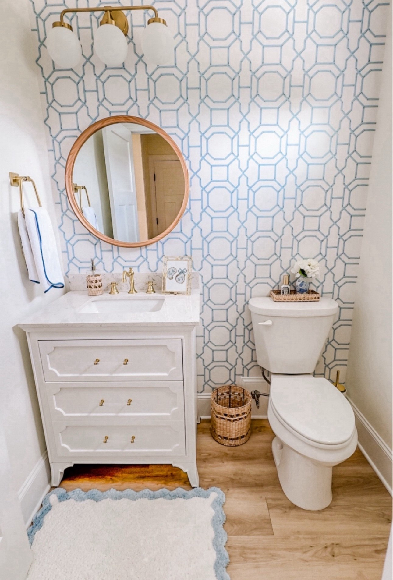 Powder Bathroom Details💙 half bathroom, powder bathroom, coastal grandmother, coastal grandma, coastal decor, coastal design, coastal aesthetic, coastal home, coastal style, neutral style, preppy style, grand millennial, Amazon home finds, gold accents, affordable home trends. 

#LTKFindsUnder50 #LTKSpringSale #LTKHome