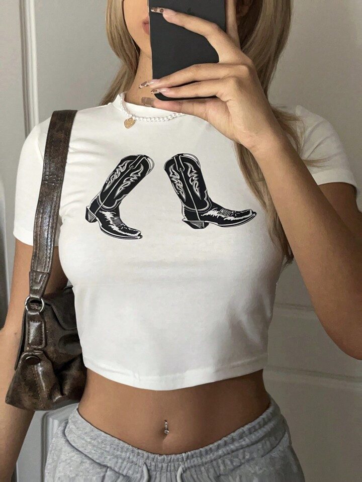SHEIN EZwear Casual & Simple Western Cowboy Boots Printed White Round Neck Crop Sleeve T-Shirt Fo... | SHEIN