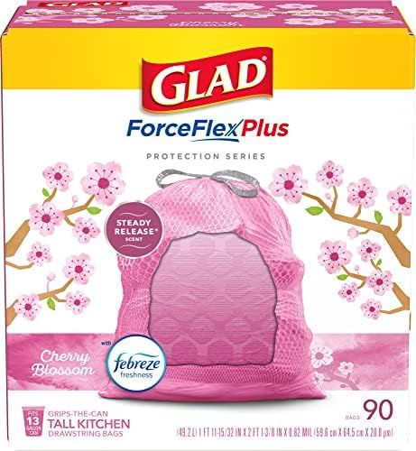 GLAD Protection Series ForceFlex Plus Drawstring Cherry Blossom Odor Shield, Pink, 13 Gallon, 90 Cou | Amazon (US)