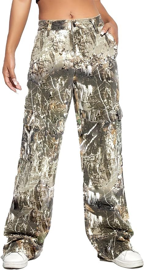 SHINFY Women Camo Cargo Pants Y2K Camouflage Wide Leg Baggy Army Cargo Joggers Sweatpants with Fl... | Amazon (US)