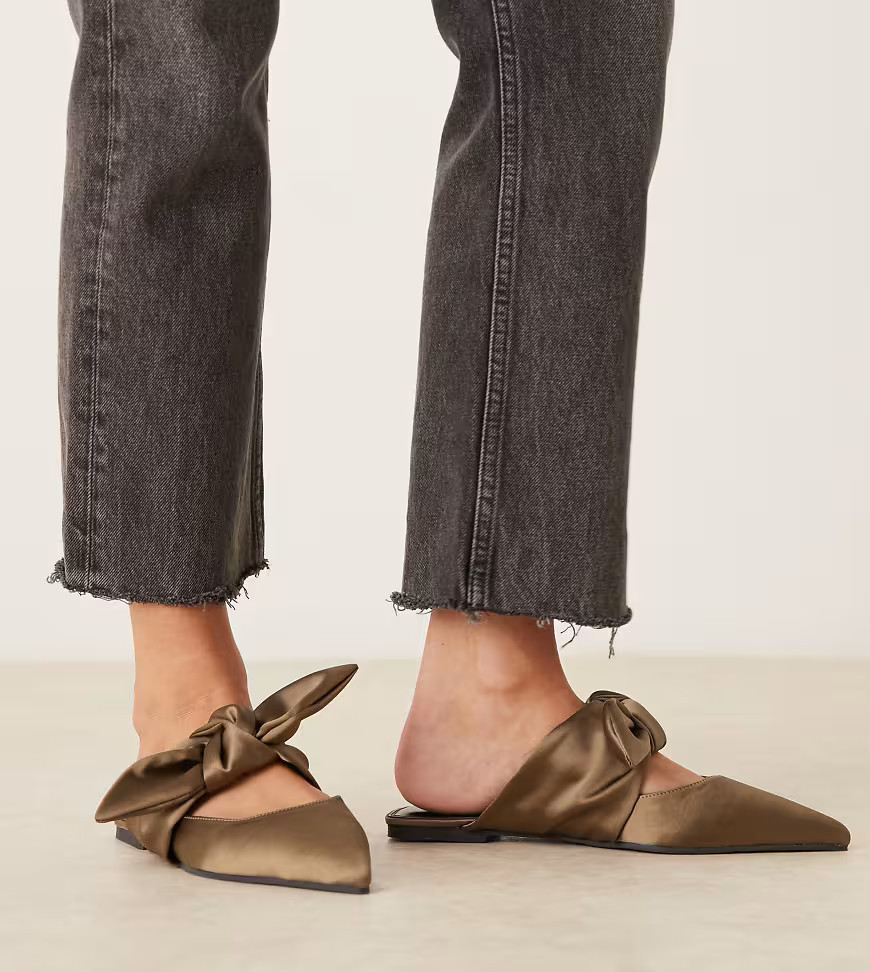 ASOS DESIGN Wide Fit Lunar bow detail mules in olive satin-Green | ASOS (Global)