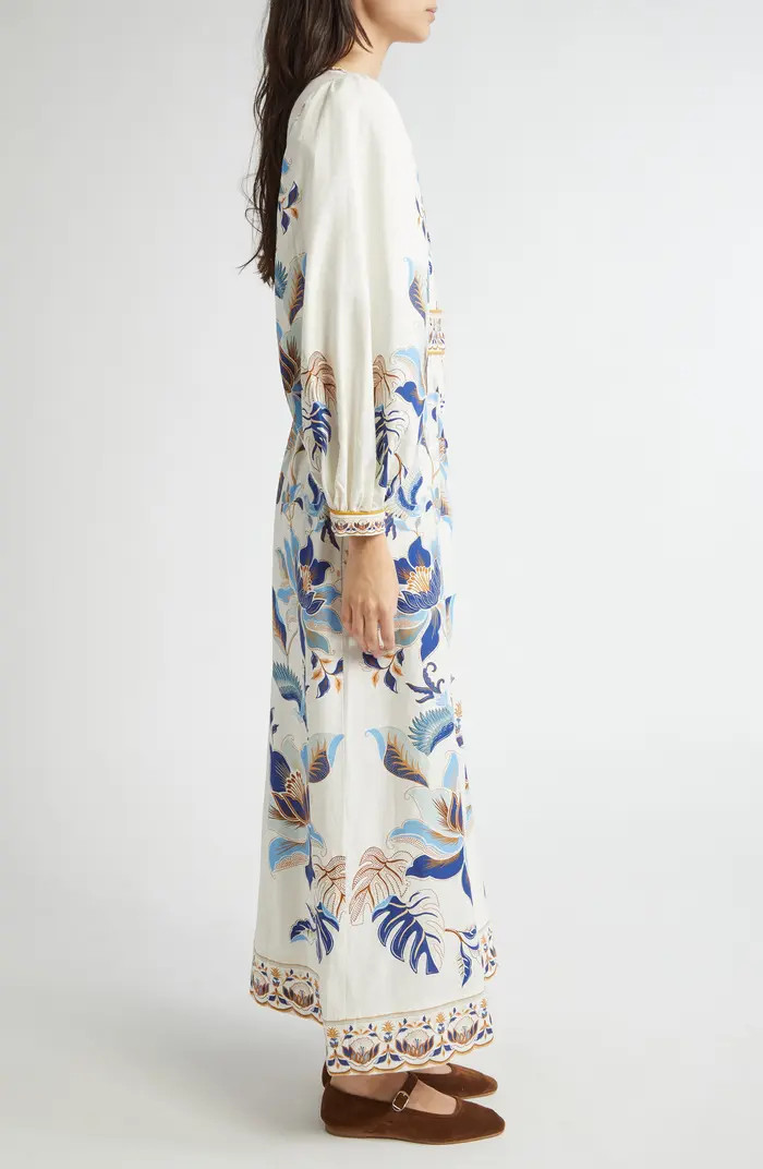 FARM Rio Mystic Blue Lotus Placed Print Long Sleeve Linen Blend Maxi Dress | Nordstrom | Nordstrom