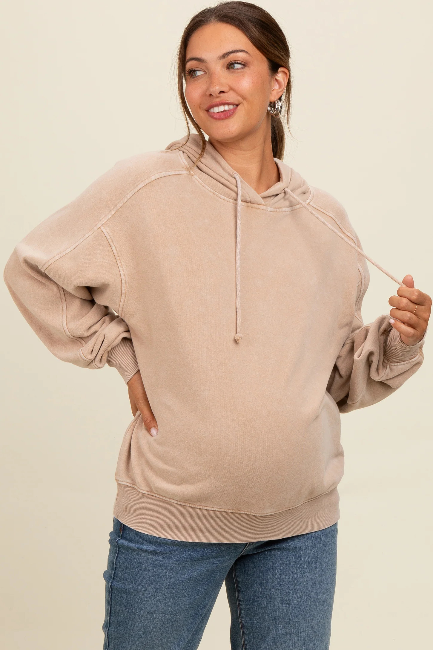 Cream Vintage Wash Oversized Maternity Drawstring Hoodie | PinkBlush Maternity