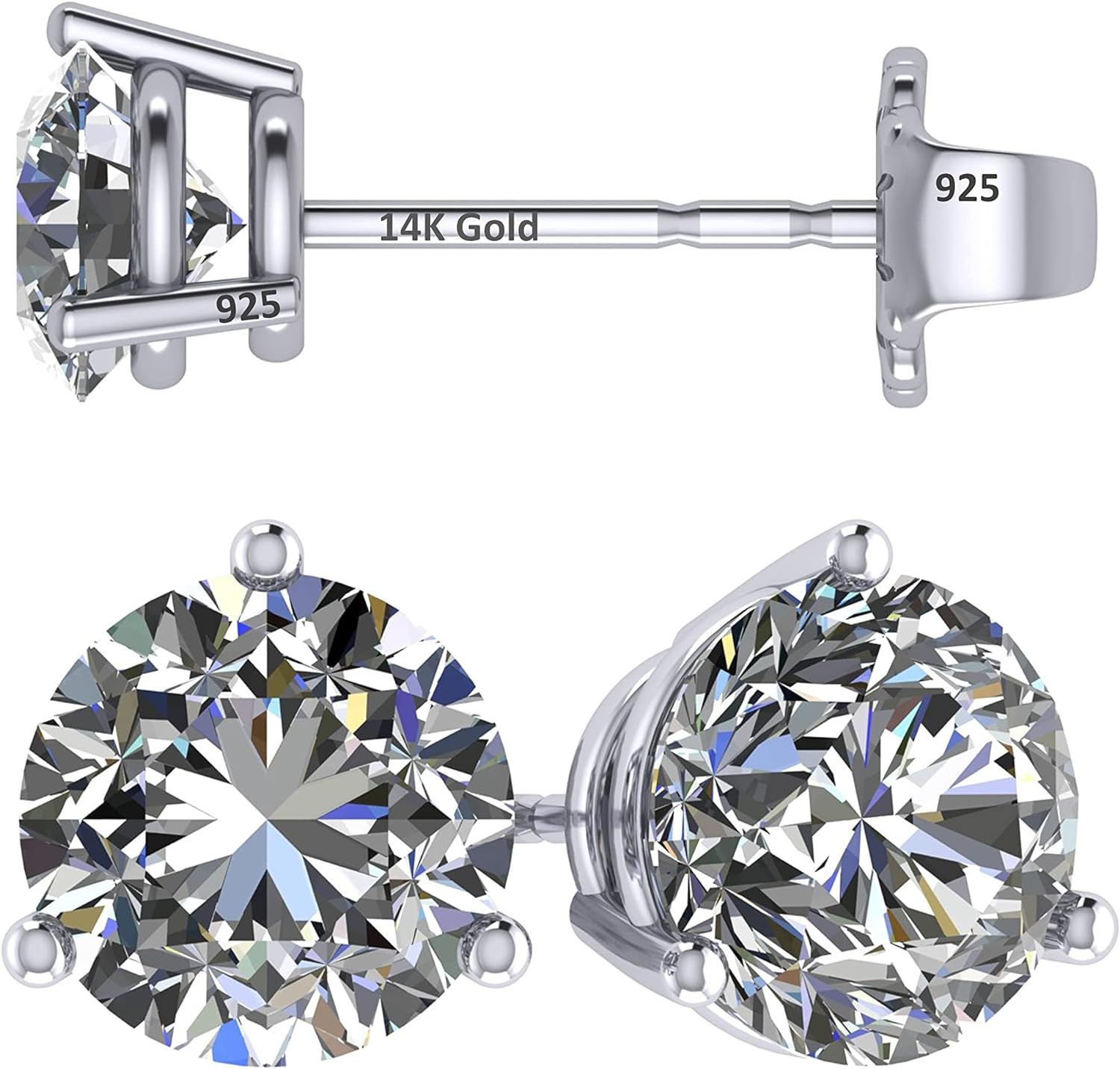 14K Gold Post & Sterling Silver Pure Brilliance Zirconia 3 Prong Martini Style Stud Earrings 1.0c... | Amazon (US)
