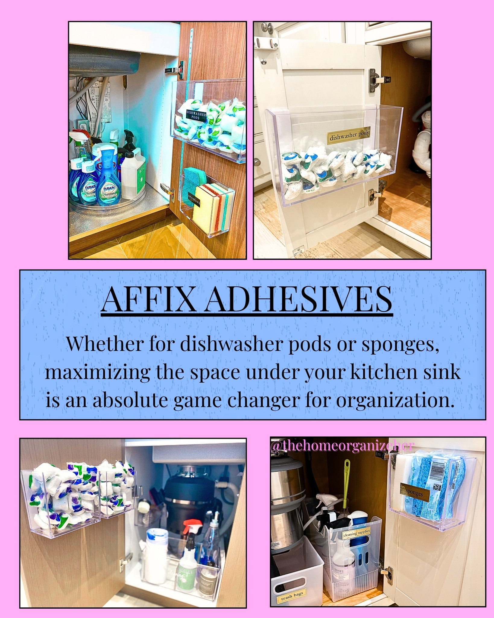 Things I swear by as a PROFESSIONAL ORGANIZER: Affix Adhesives for under the kitchen sink. Whether you have a cart at Amazon, Target, Walmart or the Container Store these Idesign adhesives are the best storage hack!!

#LTKHome #LTKFindsUnder50 #LTKFindsUnder100