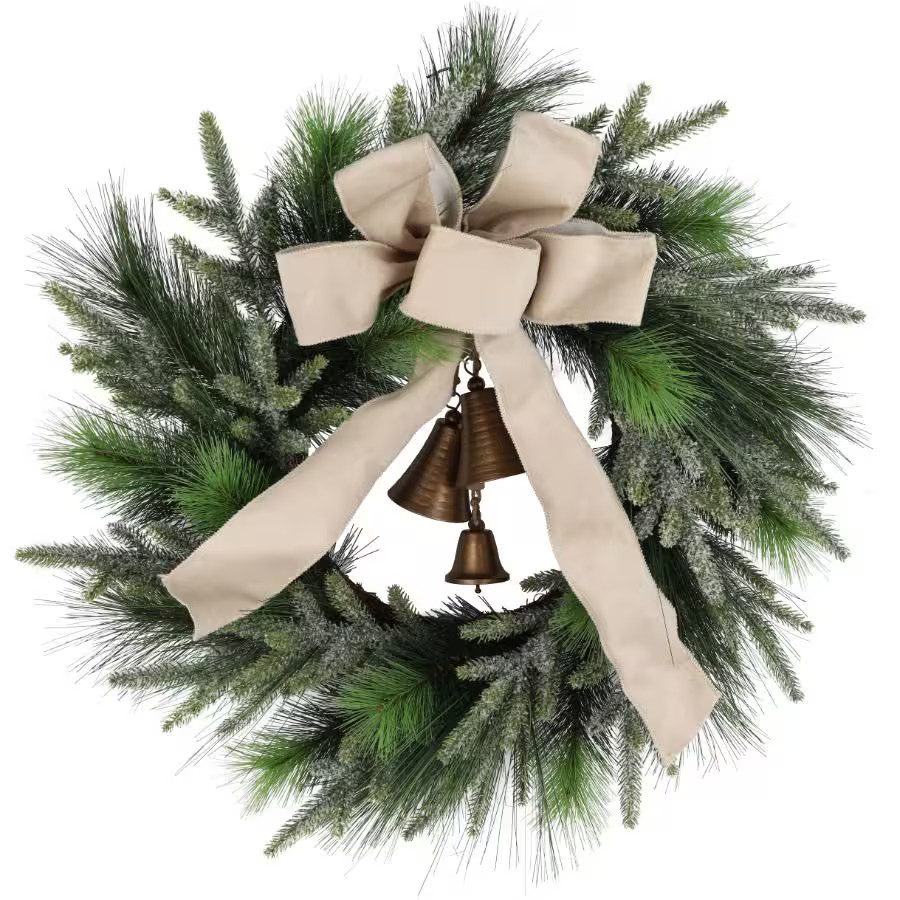 DANSON DECOR 24" Mixed Pine Wreath - with Beige Bow & Bells | Home Hardware
