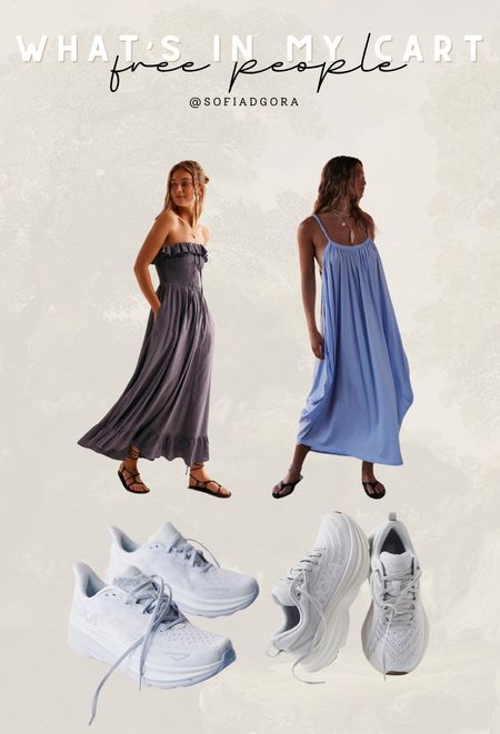 Free People: What’s in my cart & what I ended up ordering. I have been eyeing the hoka shoes for over a year now. Once I saw they were both on there, I bought them… 🤣 I ended up buying these two dresses which I have a feeling would look great with a bump & mines already showing so much. 

#LTKBump #LTKActive