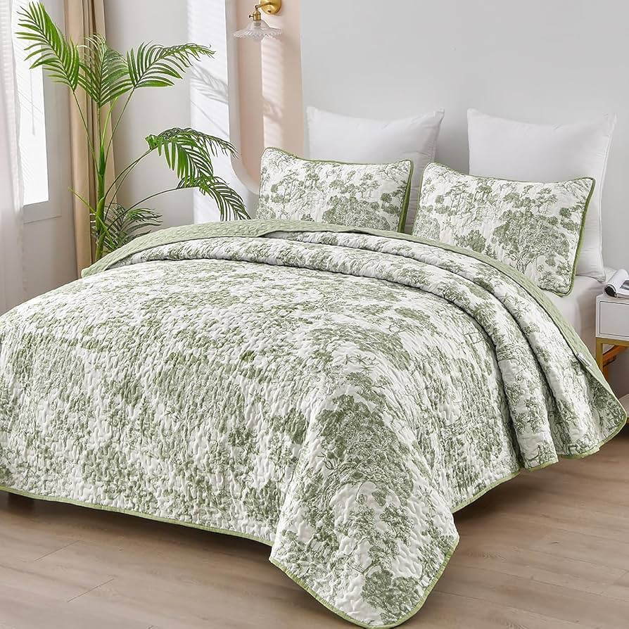WONGS BEDDING Botanical Quilt Set King, Sage Green 3 Pieces Toile Floral Plants Printed Bedspread... | Amazon (US)