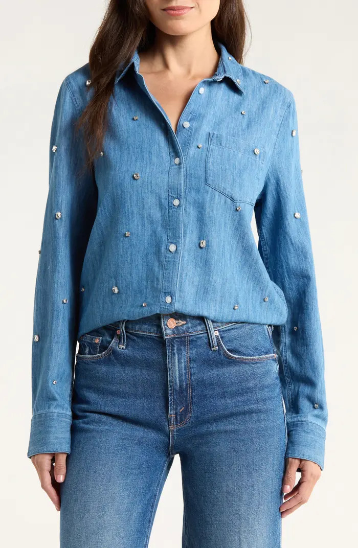 Caslon® Crystal Embellished Denim Button-Up Shirt | Nordstrom | Nordstrom