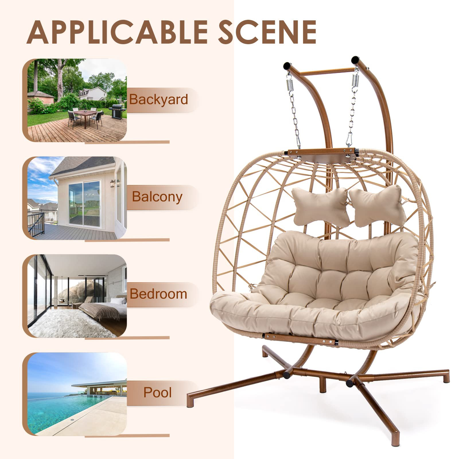 NICESOUL Outdoor Rattan Double Hanging Swing Egg Chair with Stand Cream Color 510 lbs Max. (Cream... | Walmart (US)
