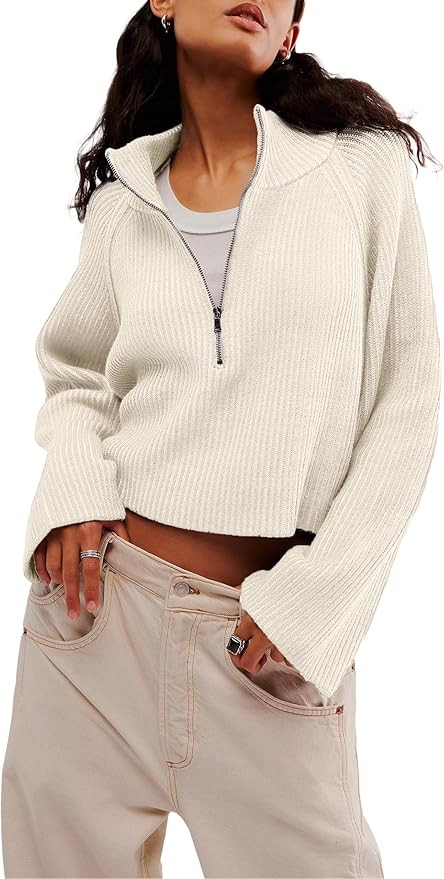 Women's Half Zip Knit Pullover Sweaters 2024 Fall Long Sleeve V Neck Casual Loose Cropped Jumper ... | Amazon (US)