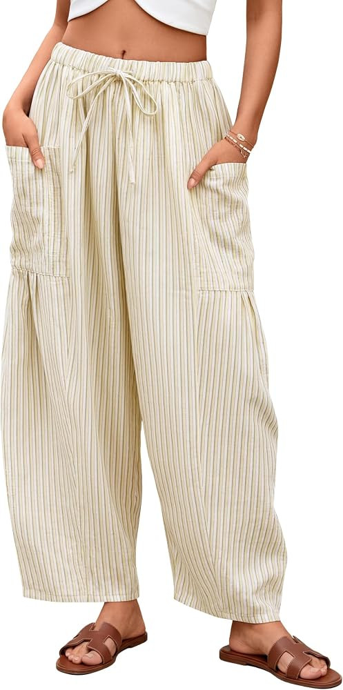 ZESICA Women\u2019s Striped Wide Leg Palazzo Harem Pants 2026 Summer Drawstring Baggy Lounge Beac... | Amazon (US)