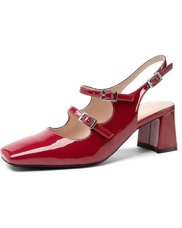 NEWBELLA Women's Mary Jane Shoes Slingbacks Block Heels for Women Square Toe Double Ankle Strap P... | Amazon (US)
