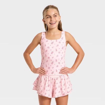 Girls' Active Floral Printed Twist-Back Crop Tank Top - All In Motion™ Light Pink L | Target