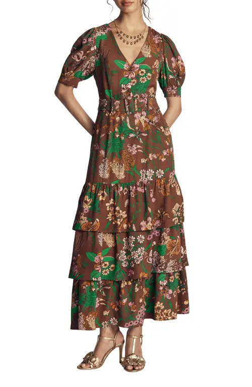 Boden V-Neck Tiered Midi Dress in Woodland Brown Whmsical Floral at Nordstrom, Size 4 | Nordstrom