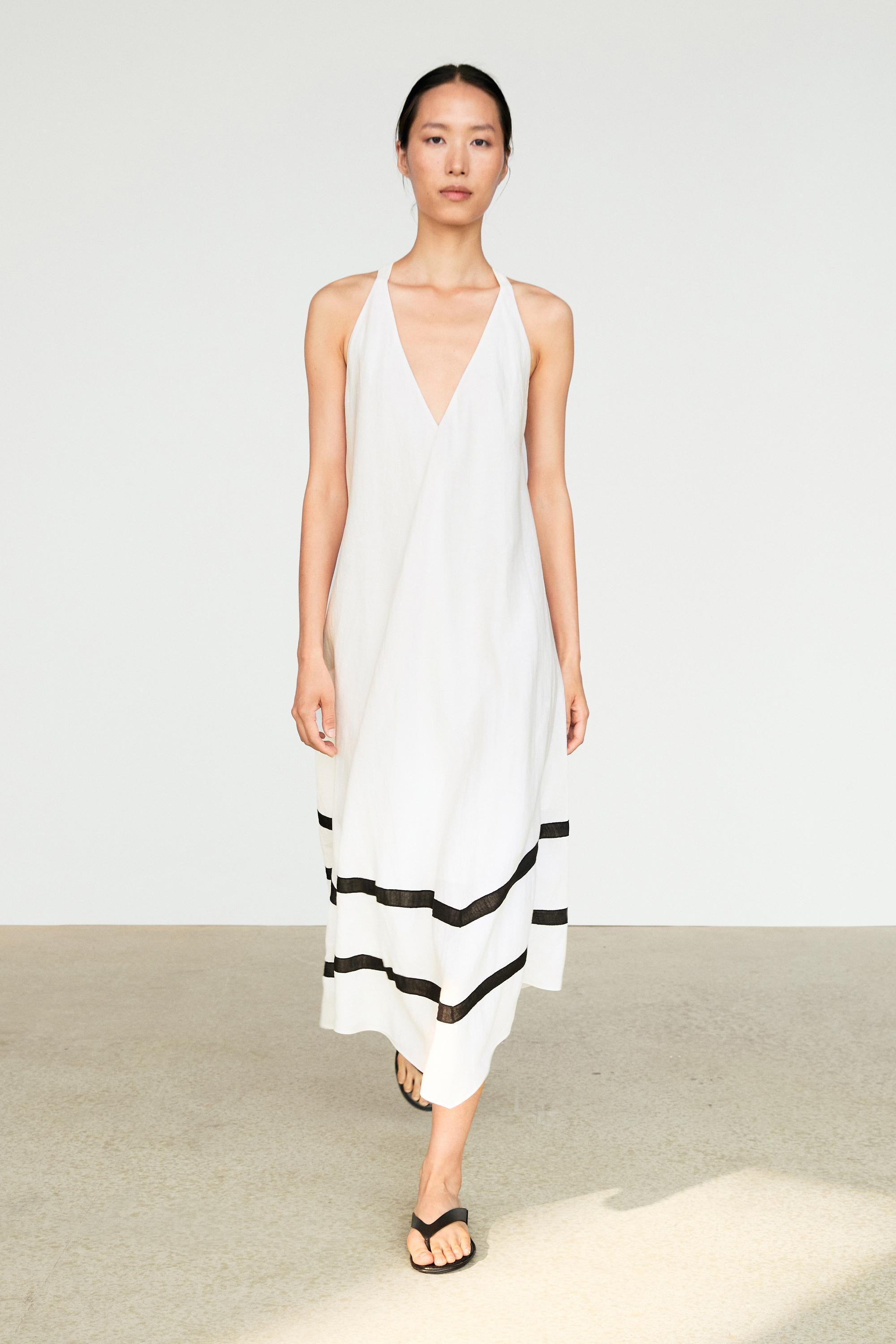 Linen blend midi dress with contrast stripe detail | Massimo Dutti UK