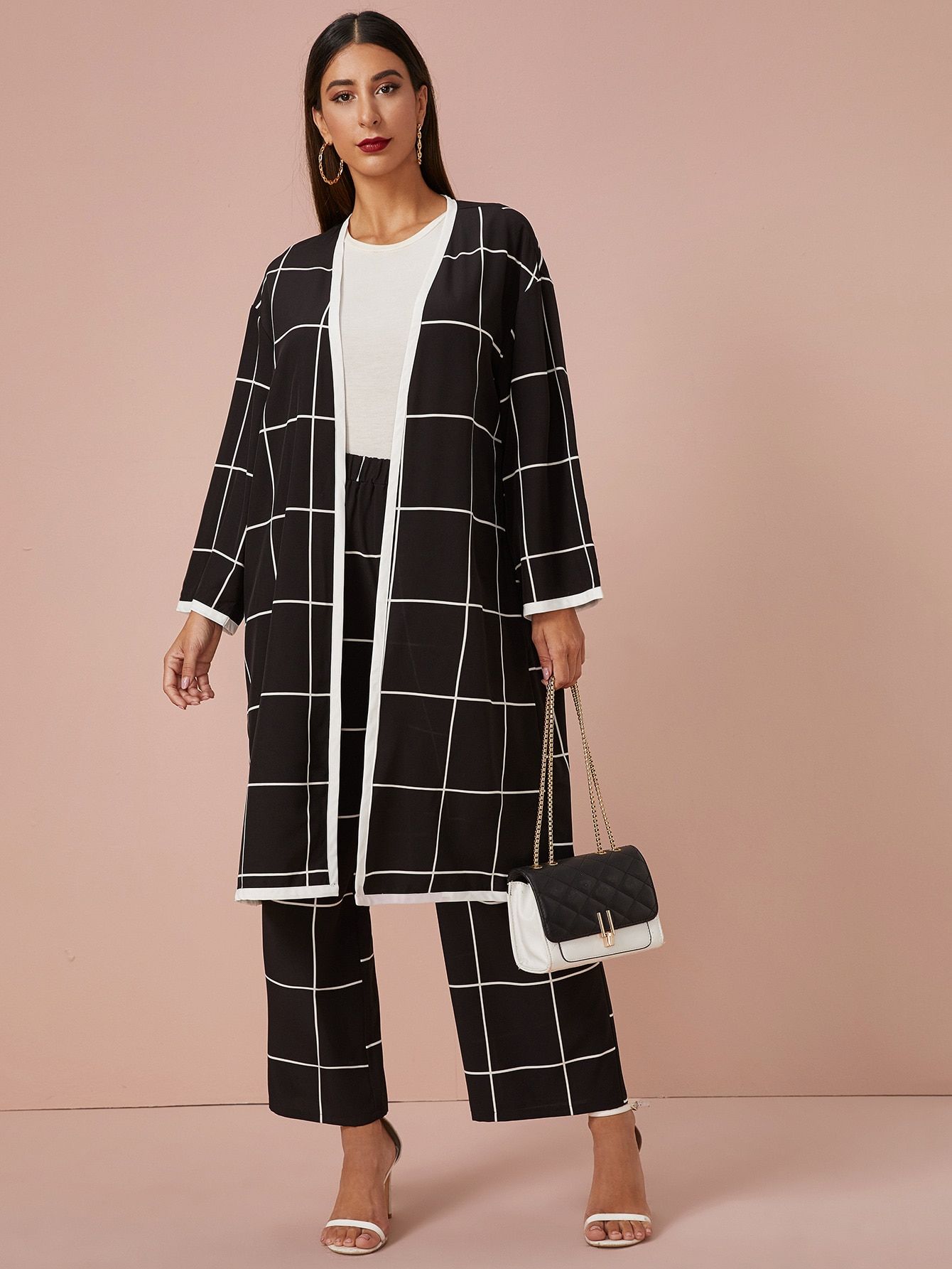 SHEIN Contrast Binding Grid Coat & Palazzo Pants Set | SHEIN