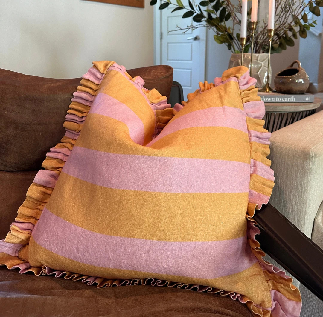 Sunny Delight Linen-ruffle Pillow Cover, Pink, Tangerine, Striped, Bohemian Eclectic, Beautiful, ... | Etsy (US)