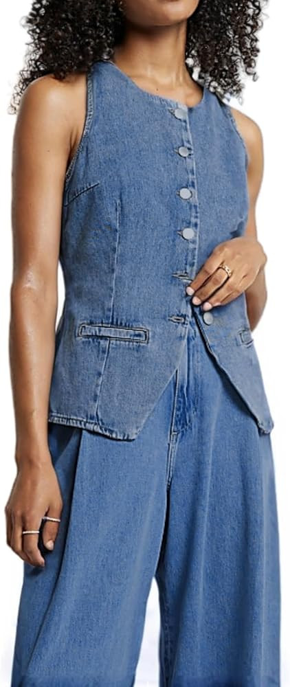 Women's Denim Long Vest Tops Crew Neck Button Down Back Belt Denim Waistcoat Sleeveless Jean Jack... | Amazon (US)
