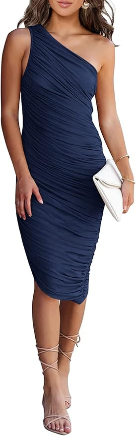 PRETTYGARDEN Women's Ruched Bodycon Dress 2024 Summer One Shoulder Sleeveless Party Cocktail Penc... | Amazon (US)