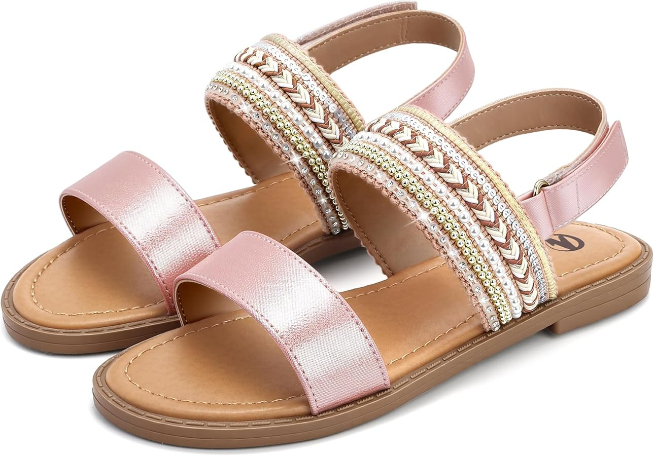 Girls Flat Sandals Bohemian Summer Dress Shoes with Adjustable Ankle Strap for Little Kid/Big Kid | Amazon (US)