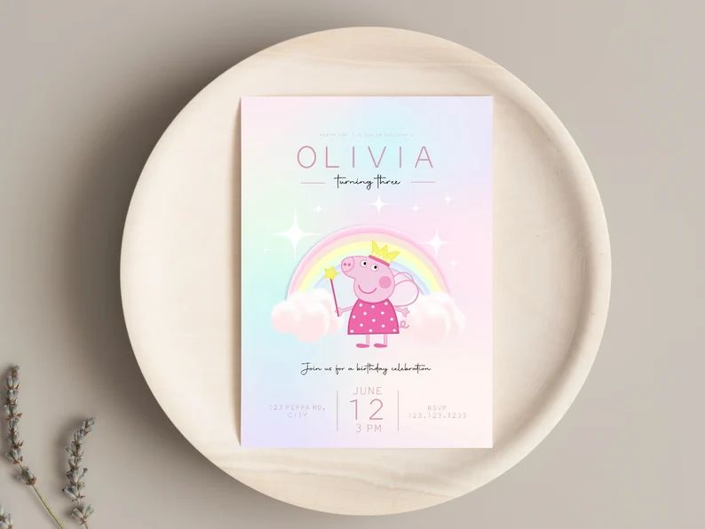 Kids Birthday Invitation, Girl Pastel Rainbow Peppa Pig Invite, Editable Digital Corjl Template | Etsy (US)