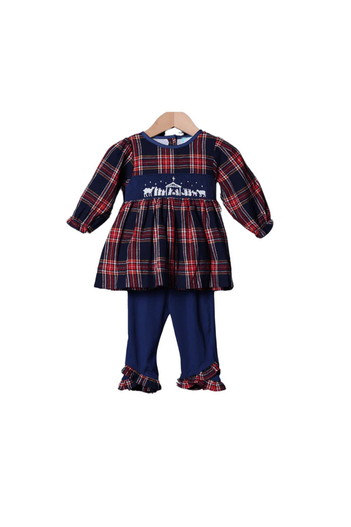 Smocked Nativity Tartan Bow Pant Set | The Smocked Flamingo