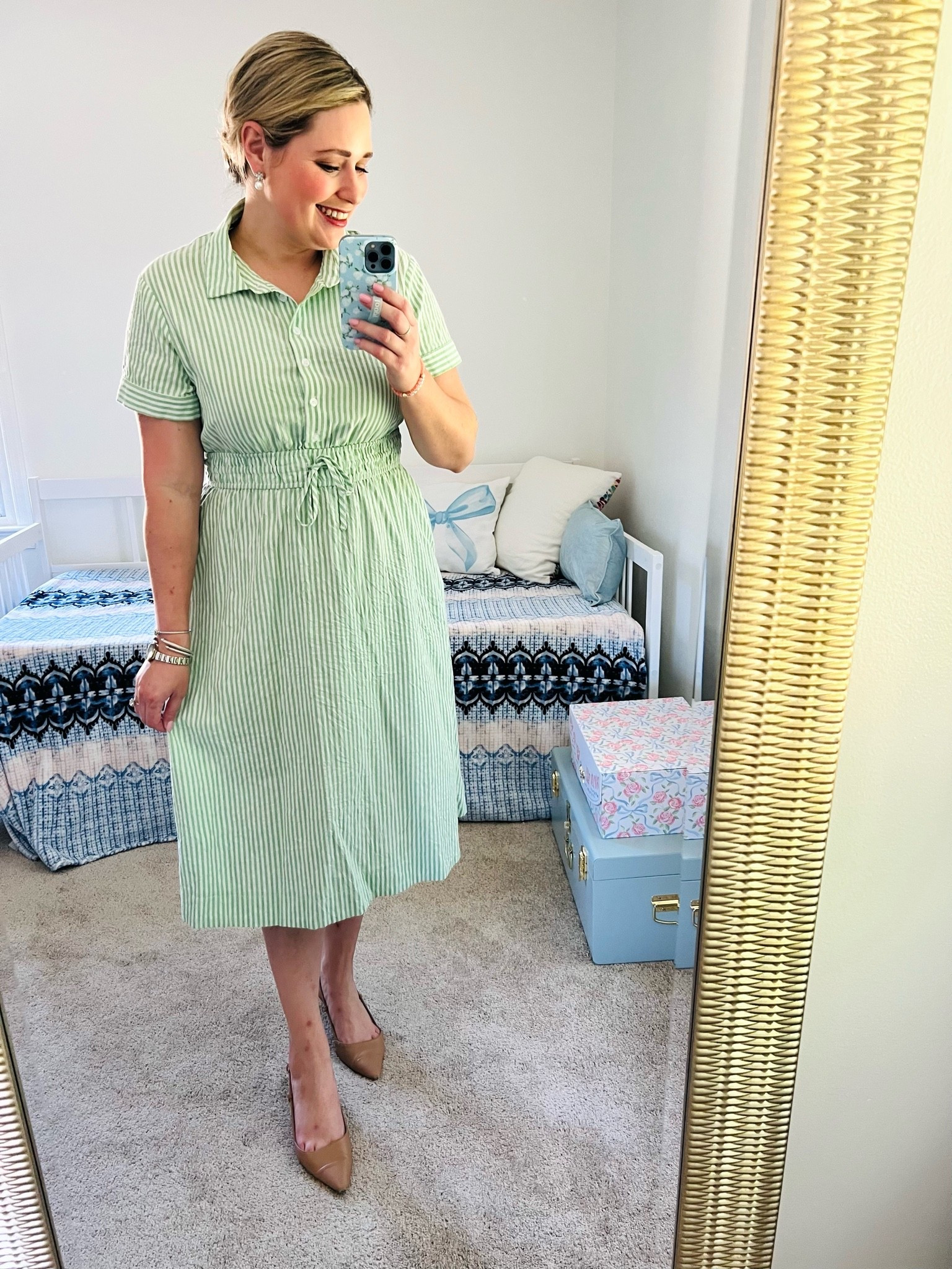 Summer work outfit || workwear || work dress || green and white dress

#LTKootd #LTKWorkwear