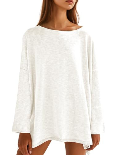 Tankaneo Womens Long Sleeve Shirts Oversized Lightweight Sweaters Crewneck Side Slit Hem Casual Blouse Tunic Tops White | Amazon (US)