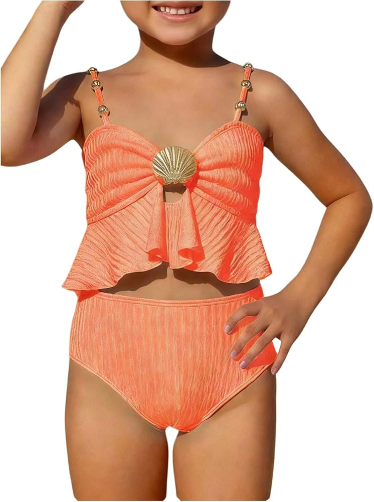 MakeMeChic Toddler Girl's Two Piece Swimsuit Seashell Ruffle Textured Beach Bikini Set | Amazon (US)