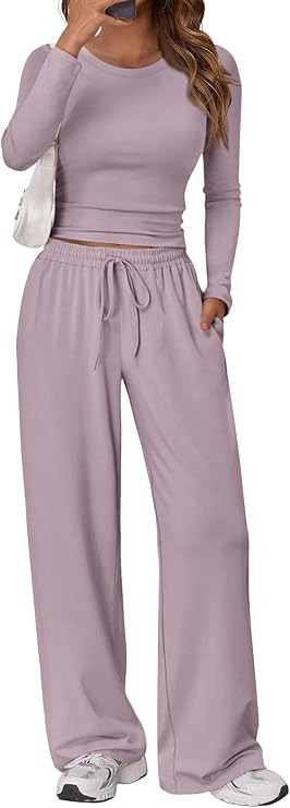 Trendy Queen Women's 2 Piece Matching Lounge Set Long Sleeve Side Ruching Top Wide Leg Drawstring... | Amazon (US)