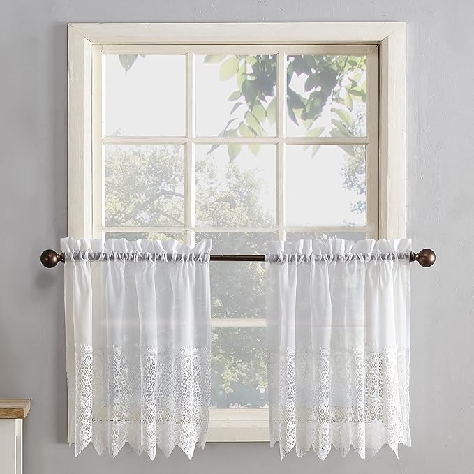 No. 918 Joy Macrame Lace Trim Semi-Sheer Rod Pocket Kitchen Curtain Tier Pair, 60" x 24", White | Amazon (US)